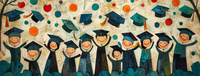 Illustration of graduates in caps and gowns celebrating with raised arms amidst confetti