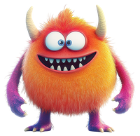 A colorful monster with horns and a wide smile