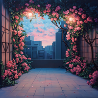 A serene cityscape viewed through a floral archway adorned with pink roses and greenery
