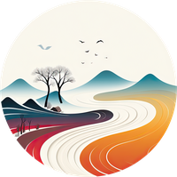 Stylized landscape with a winding road and colorful hills