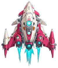 Futuristic pink and white spaceship with blue engines