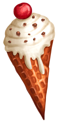 Illustration of a waffle ice cream cone with white ice cream, chocolate chips, and a cherry