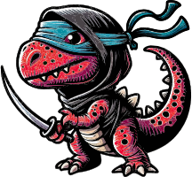A red dinosaur with a pirate costume and sword
