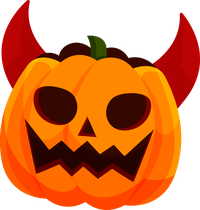 A cartoon jack-o'-lantern with devil horns and a menacing grin.