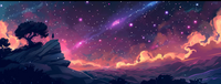 A digital painting of a galaxy with stars and clouds, featuring a rocky outcrop with a tree.