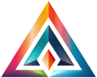 A colorful triangle logo with a gradient effect