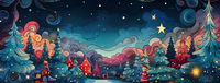 A vibrant, dreamlike winter scene with stylized trees and celestial elements.
