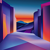 A stylized digital artwork featuring a vibrant abstract landscape with geometric shapes and a breathtaking sunset.