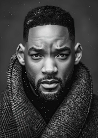 Black and white close-up portrait of a man with a beard and mustache wearing a thick winter coat.