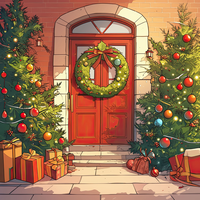 A red front door with a Christmas wreath and decorated trees on either side