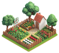 3D isometric garden with house and vegetables
