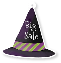 Purple witch hat with green stripes and 'Big Sale' text