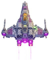 A futuristic starfighter with a white and purple color scheme and advanced engines