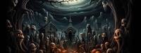 A dark and eerie Halloween scene with ghostly figures and a haunting atmosphere