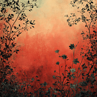 Silhouette of flowers and branches on a red and orange gradient background