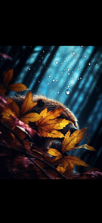 A hedgehog curled up among autumn leaves with water droplets around it.