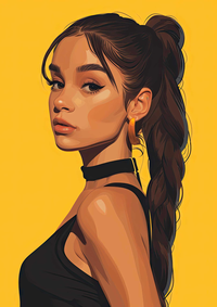 Illustration of a young woman with a ponytail against a yellow background.