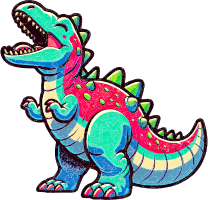 A cartoon dinosaur with teal, pink, and yellow colors on a black background