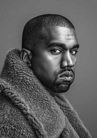 Black and white portrait of Kanye West in a fuzzy coat.