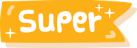An orange label with 'Super' written in white and surrounded by sparkles.