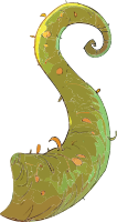 A cartoon-style illustration of a curly green plant stem with orange spots against a black background.