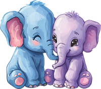 Two cartoon elephants, one blue and one purple, sitting together
