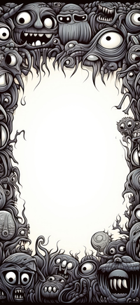 A black and white illustration of a frame made up of various cartoon monsters and eyes.