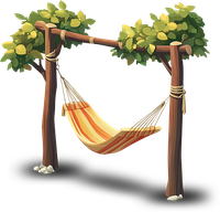 A hammock suspended between wooden posts with trees bearing yellow fruits.