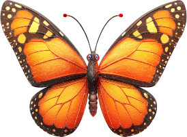 A digital illustration of an orange butterfly with black and yellow markings on its wings.