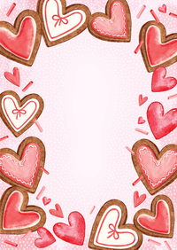 A pink frame with heart-shaped cookies and decorations