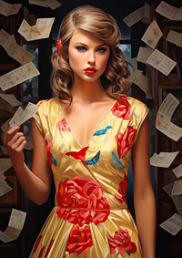 Woman in a yellow floral dress holding a playing card with cards falling around her