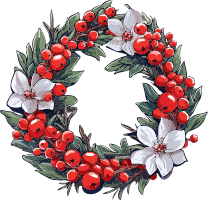 A circular Christmas wreath made of green leaves, red berries, and white flowers against a black background.