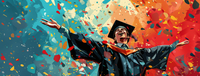 Graduate in cap and gown with arms outstretched, surrounded by colorful splatters