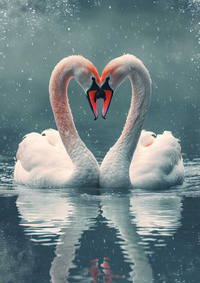 Two swans forming a heart shape with their necks on a calm lake during snowfall.