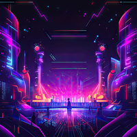 Futuristic cityscape with neon lights and sleek architecture
