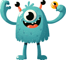 A blue cartoon monster with one eye and orange horns holding a gold coin