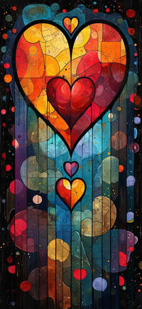 Nested hearts in shades of red, orange, and yellow on a dark background with multicolored circles.