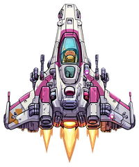 Pixel art illustration of a futuristic spaceship with a pilot in the cockpit.
