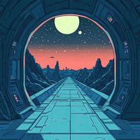 Futuristic spacewalk scene through a spacecraft hatch with a starry sky and planetary landscape