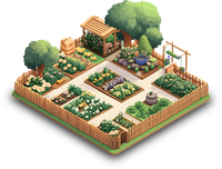 Isometric view of a garden with different sections and a fence