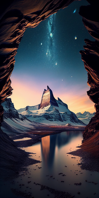 A cave entrance overlooking a snowy mountain peak and a reflective lake under a starry sky.