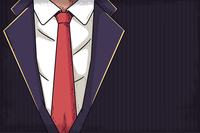 Cartoon character in a navy blue suit with a red tie