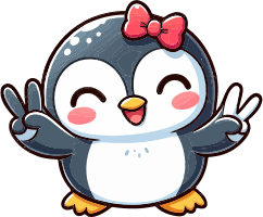 Cartoon penguin with pink bow and peace signs