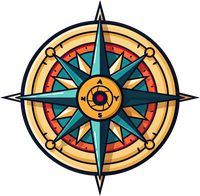 Stylized compass rose with beige, teal, and red colors