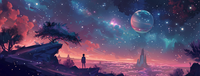 A person standing on a cliff, looking at a large planet in a colorful, star-filled sky.