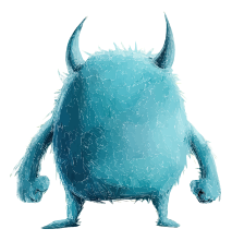 A blue monster with horns and a furry texture on a black background