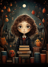 A cartoon girl with curly hair holding a stack of books, surrounded by autumn elements and owls under a full moon.