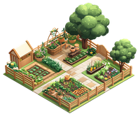Isometric garden with shed and diverse plantings