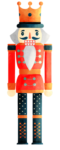 A cartoon nutcracker soldier with a red and gold uniform