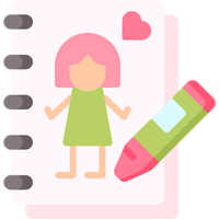 Cartoon girl with pink hair and green dress next to a large pencil on a notebook page